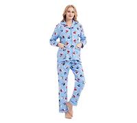 GLOBAL Pyjamas for Women Flannel Cotton Sleepwear long Ladies Pyjamas Sets Button Down LoungewearBlue Snowman,L
