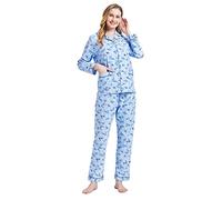 GLOBAL Pyjamas for Women Flannel Cotton Sleepwear long Ladies Pyjamas Sets Button Down LoungewearBlue Flowers 6,M