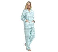 GLOBAL Pyjamas for Women Flannel Cotton Sleepwear long Ladies Pyjamas Sets Button Down LoungewearGreen,Tartan L