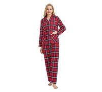 GLOBAL Pyjamas for Women Flannel Cotton Sleepwear long Ladies Pyjamas Sets Button Down LoungewearRed/Blue/White,plaid,S