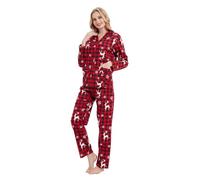 GLOBAL Pyjamas for Women Flannel Cotton Sleepwear long Ladies Pyjamas Sets Button Down LoungewearRed Checks Reindeer,XXL