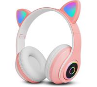 GLOBAL TECH Wireless Bluetooth Kids Headphones - Foldable Cat Ear Headphones with LED Flashing Lights, Built-in Mic, Volume Controls - Over Ear Children Earphones for Tablet, PC, Laptop, Phone, iPad
