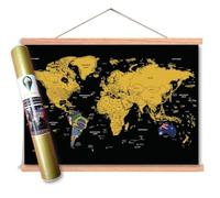 Global Walkabout Scratch Off Map with Flags Background and Wooden Poster Frame Mount in Tube - Deluxe Travel Size World Map Poster with Frame and Leather Strap - Travel Gift (Black)