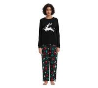 GLOBAL Women's Pyjama Set 100% Cotton Flannel PJs Long-Sleeve Pullover Top and Elastic and Drawstring Bottoms Green, Red Christmas Reindee 3XL