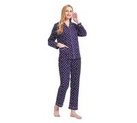 GLOBAL Women's Pyjama Sets 100% Cotton Flannel Ladies PJs Button Front Top Drawstring Bottoms Blue,colored Spots,XL