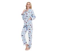 GLOBAL Women's Pyjama Sets 100% Cotton Flannel Ladies PJs Button Front Top Drawstring Bottoms Blue Doggos,L