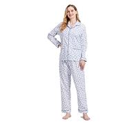 GLOBAL Women's Pyjama Sets 100% Cotton Flannel Ladies PJs Button Front Top Drawstring Bottoms Blue Flowers 2,XL