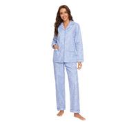 GLOBAL Women's Pyjama Sets 100% Cotton Flannel Ladies PJs Button Front Top Drawstring Bottoms Blue Flowers 4,XXL