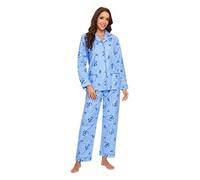 GLOBAL Women's Pyjama Sets 100% Cotton Flannel Ladies PJs Button Front Top Drawstring Bottoms Blue Flowers 3,XL