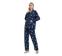 GLOBAL Women's Pyjama Sets 100% Cotton Flannel Ladies PJs Button Front Top Drawstring Bottoms Blue Sheep,XL