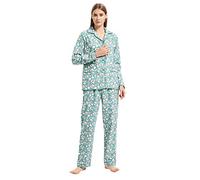 GLOBAL Women's Pyjama Sets 100% Cotton Flannel Ladies PJs Button Front Top Drawstring Bottoms Green Pink Flowers,XL