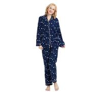 GLOBAL Women's Pyjama Sets 100% Cotton Flannel Ladies PJs Button Front Top Drawstring Bottoms Navy Blue,Star XXL