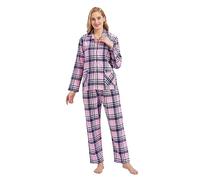 GLOBAL Women's Pyjama Sets 100% Cotton Flannel Ladies PJs Button Front Top Drawstring Bottoms Pink/Blue,plaid,XXL