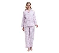 GLOBAL Women's Pyjama Sets 100% Cotton Flannel Ladies PJs Button Front Top Drawstring Bottoms Pink Flowers 3,XXL