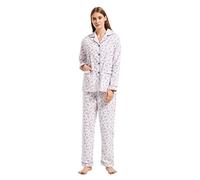 GLOBAL Women's Pyjama Sets 100% Cotton Flannel Ladies PJs Button Front Top Drawstring Bottoms Purple Flowers 1,M