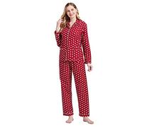 GLOBAL Women's Pyjama Sets 100% Cotton Flannel Ladies PJs Button Front Top Drawstring Bottoms Red Puppies,S
