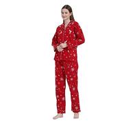 GLOBAL Women's Pyjama Sets 100% Cotton Flannel Ladies PJs Button Front Top Drawstring Bottoms Red，reindee,S