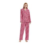 GLOBAL Women's Pyjama Sets 100% Cotton Flannel Ladies PJs Button Front Top Drawstring Bottoms Red Zebra Print,M
