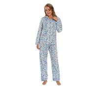 GLOBAL Womens Pyjama Sets 100% Cotton Ladies PJs Button Front Top and Drawstring Bottoms Blue Flowers 3, S