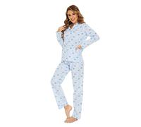 GLOBAL Womens Pyjama Sets 100% Cotton Ladies PJs Button Front Top and Drawstring Bottoms Blue Flowers 5, XXL