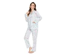 GLOBAL Womens Pyjama Sets 100% Cotton Ladies PJs Button Front Top and Drawstring Bottoms Blue Pink Flowers, XXL