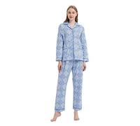 GLOBAL Womens Pyjama Sets 100% Cotton Ladies PJs Button Front Top and Drawstring Bottoms Blue Porcelain, L