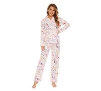 GLOBAL Womens Pyjama Sets 100% Cotton Ladies PJs Button Front Top and Drawstring Bottoms Pink Birds, L