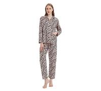 GLOBAL Womens Pyjama Sets 100% Cotton Ladies PJs Button Front Top and Drawstring Bottoms Pink Leopard, L