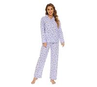 GLOBAL Womens Pyjama Sets 100% Cotton Ladies PJs Button Front Top and Drawstring Bottoms Purple Flowers, XXL