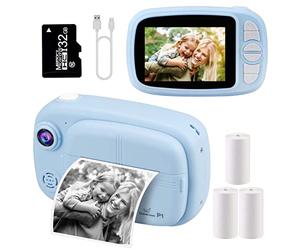 GlobalCrown Kids Camera Instant Print,3.5 Inch Screen Video Child Digital Kids Instant Camera Photo Gifts for Boys Girls (Included 4 Rolls of Printing Paper and 32GB Card)