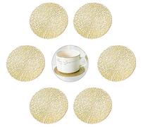 GLOBALDREAM Coasters, 6pcs Hollowed-Out Round Cup Coaster Metallic Round Coffee Coasters Table Decorative Non-Slip Drinks Coasters PVC Insulation Pads Mats(Gold, 10cm)
