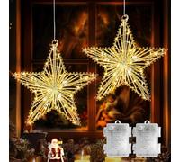 GlobaLink 3D Star Window Lights, 2 Pack 30cm 60 LED Christmas Star Lights with Timer & 8 Modes, Battery Powered IP44 Waterproof Hanging Stars Lights for Xmas Decor Indoor Outdoor Party - Warm White
