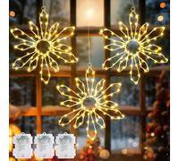 GlobaLink Christmas Snowflake Window Lights, 3 Pack 80LED Battery Powered Xmas Window Hanging Lights Ornaments Waterproof Snowflake Curtain Lights with Timer & 8 Modes for Indoor Outdoor Party Decor
