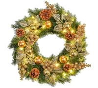 GlobaLink Christmas Wreath, 40cm Battery Powered Door Wreath, 40 LED, Timer | Artificial Xmas Wreaths, 8 Light Modes with Pinecone & Berry Accents for Front Door Fireplace Festival Wall Decoration