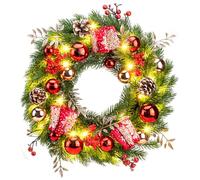 GlobaLink Pre-lit Christmas Wreath with 40LEDs, 16Inch Battery Powered Christmas Wreaths for Front Door, Artificial Xmas Wreath with Timer 8 Modes, Pine Cones & Berries for Indoor Outdoor Wall Decor
