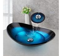 GLOBAOSALU Oval Blue Glass Vessel Sink 22x14 Inch with Waterfall Faucet and Pop-Up Drain Tempered Glass Basin Top Mount Bathroom Sinks Boat Shape Design Bowl for Apartment Bathrooms Vanities