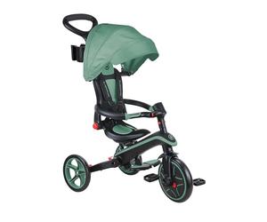 Globber Foldable Explorer Trike and Balance Bike 4 in 1 with Adjustable Canopy - Parental Steering Handle - Cup and Phone Holder - Safety Harness - 10 Months to 5 Years - 2 Year Warranty (Olive)