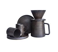 globe faith Handmade Stoneware Pour Over Drip Coffee Maker & Cups Serving Set, Coffee Brewer Dripper Cone Filter, Coffee Decanter & Espresso Cups & Saucers Gift Set, Retro Metallic Glazed,16oz