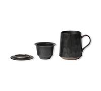 Globe Faith Pottery Teacup with Infuser and Lid, Stoneware Infusion Mug with Basket Filter, Ceramic Tea Cup with Strainer for Home and Office, Artistic Geometric Look, Matte Metallic Black 14oz