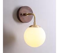 Globe Glass Wall Sconce Nordic Walnut Wood Wall Lamp Brass Bedroom Bedside Wall Mount Light, Modern Solid Wood Wall Sconces Retro Mid Century Milk White Glass Wall Lighting Fixture, G9