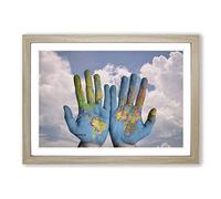 Globe Hands World Map Framed Print | A2 Oak Framed Wall Art | Ready to Hang | Modern Map Picture | Living Room Bedroom Lounge Office