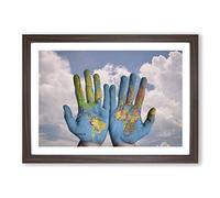 Globe Hands World Map Framed Print | A2 Walnut Framed Wall Art | Ready to Hang | Modern Map Picture | Living Room Bedroom Lounge Office
