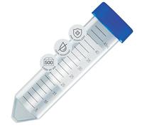Globe Scientific 50mL Centrifuge Tube with Attached Blue Flat Top Screw Cap, 6288, Polypropylene, Sterile, Printed Graduation, 25/Bag, 500/CS