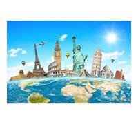 Globe Travel Backdrop Earth World Map Worldwide Continent Famous Landmark Scenery Home Photography Background Infant Baby Adult Travel Portrait Photo Booth Studio Props Decor Vinyl 8x6ft