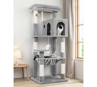 Globlazer Cat Tree Tower with Scratching Post for Indoor Cats, 53inch Tall Plush Multi-Level Cat Climbing Tower Condo House with Large Hammock, Spacious Cat Cave, Padded Top Perch Bed, F53, Light Gray