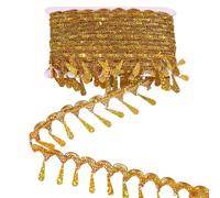 GLOBLELAND 10 Yards Gold Teardrop Coin Sequin Tassel Trim Polyester Metallic Thread Lace Tassel Ribbons 2.4 inch Width Fringe Trimming Belt with Shiny Sequins for Garment Party Dress Sewing Decor