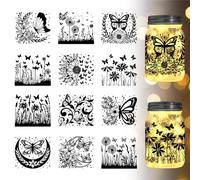 GLOBLELAND 12Pcs Butterfly Laser Cutouts Dandelion Flower Silhouettes Cutouts Lantern Cutouts Decorations Wall Stickers Lamp Clings Decals for Jars Wall Painting Windows Glass, 3.9x3.6inch