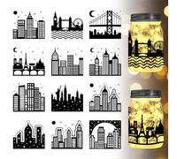 GLOBLELAND 12Pcs City Skyline Silhouette Jar Cutouts City Scenery Plastic Silhouette Wall Decals (Not Stickers) Lantern Jar Cutouts Window Lamp Decals Glass Decorations Art Mural Home Decor