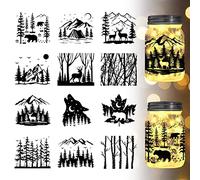 GLOBLELAND 12Pcs Forest Animals Silhouette Window Cutouts (Not Stickers) Mountain ad Trees Plastic Silhouette Wall Cutouts Lamp Decals Glass Cutouts Decorations Art Mural Home Decor