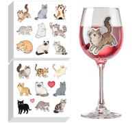 GLOBLELAND 16 Sheets 144 Pcs Cute Cat Glass Drink Markers Cartoon Kitten Wine Stickers for Glasses Animal Self-adhesive Wine Stickers for Tasting Party BBQ Wedding